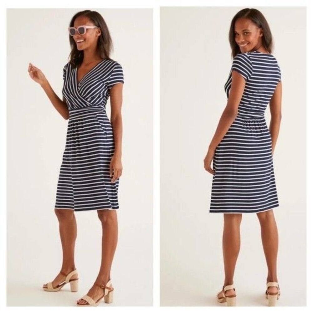 Boden Lola Cotton Jersey Knit Navy White Striped Surplice Dress Women's Size 4R